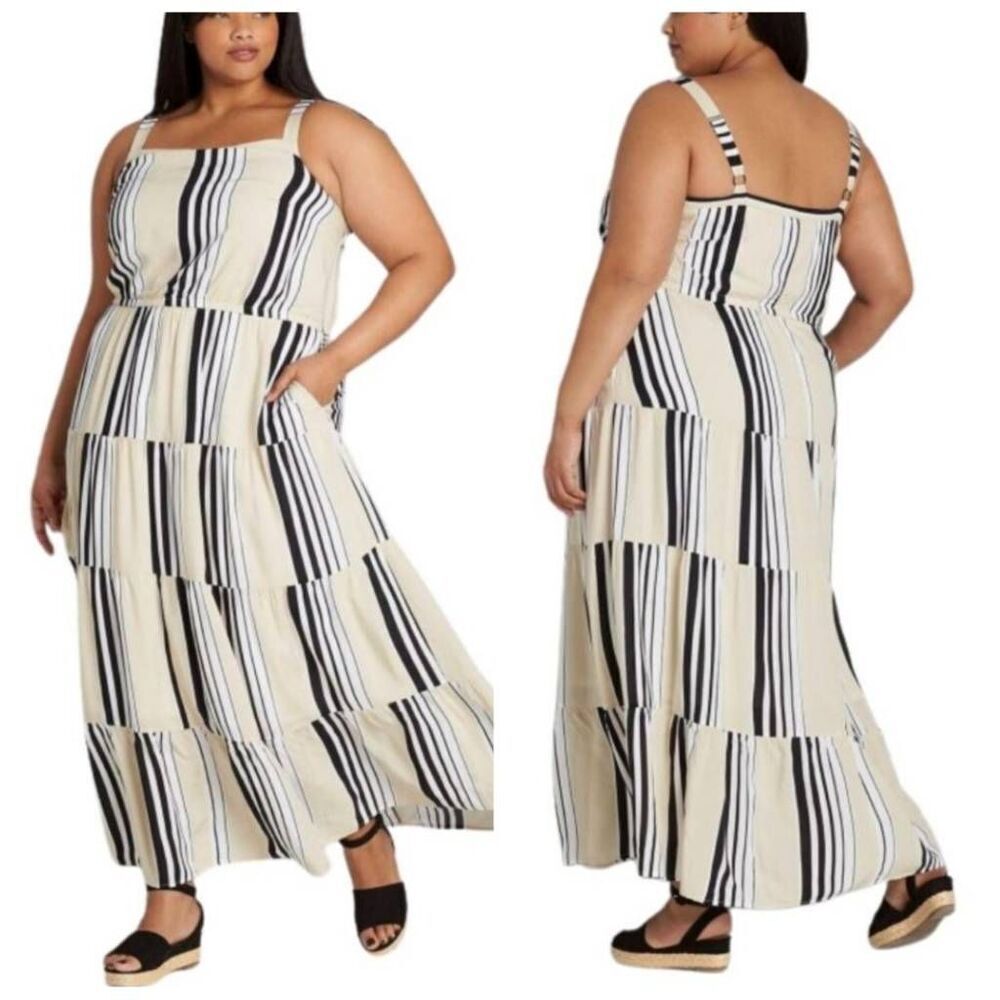 Lane Bryant Stripped Square Neck Tiered Maxi Dress Size 16